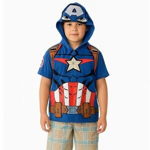 Marvel Captain America Boys Hoodie T-Shirt Size XXS 4/5 Blue Costume Style